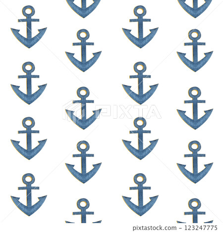 Anchor blue watercolor seamless pattern isolated on white. Hand painted art perfect for cards, wrapping paper, packaging, tickets, stationary tourism, travel, voyage design. Monochromatic clip art Anchor blue watercolor seamless pattern isolated on white. Hand painted art perfect for cards, wrapping paper, packaging, tickets, stationary tourism, travel, voyage design. Monochromatic clip art 123247775