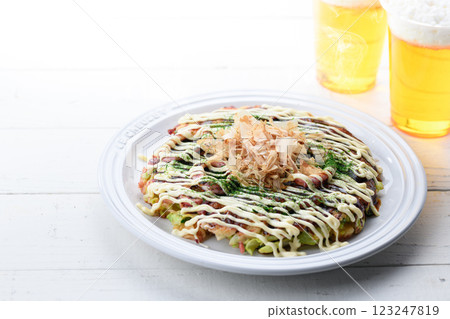 Okonomiyaki (squid and egg) served on a white plate 123247819