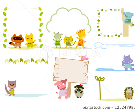 粗略繪製的可愛動物框架集 123247985