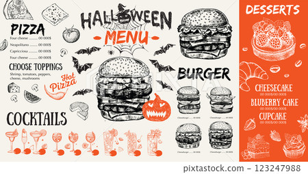 Halloween menu, hand drawn illustrations.	 123247988
