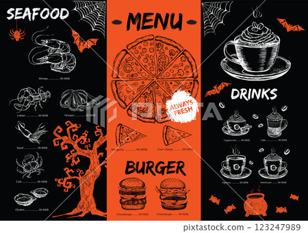 Halloween menu on black background, hand drawn illustrations.	 123247989
