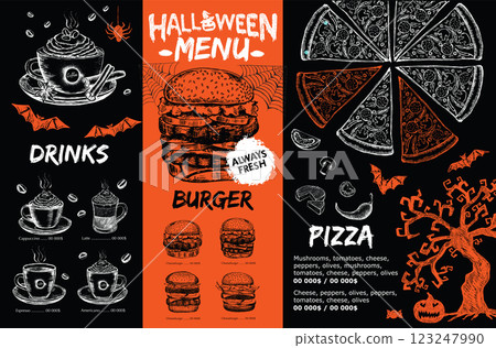 Halloween menu on black background, hand drawn illustrations.	 123247990