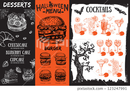 Halloween menu, hand drawn illustrations. Halloween menu, hand drawn illustrations. 123247991