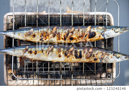 Saury grilled on a shichirin 123248146
