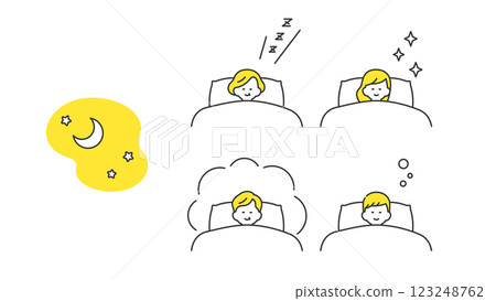 睡眠：不同年齡層的男性和女性在床上酣睡的場景和變化 123248762