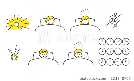 Sleep: Men and women of all ages waking up in bed, set, variations 123248765