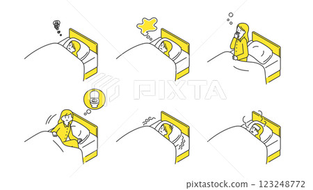 睡眠：女人在床上睡不好，佈景，變化 123248772