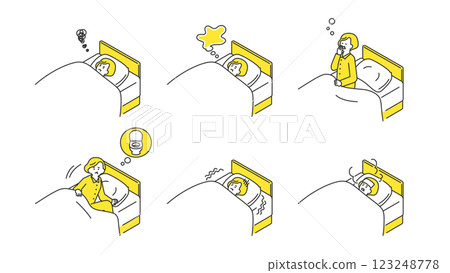 睡眠:老年婦女在床上無法睡好,佈景,變化 睡眠:老年婦女在床上無法睡好,佈景,變化 123248778