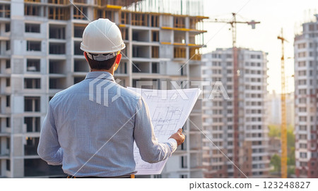 Architects checking blueprints at a construction site at dusk 123248827