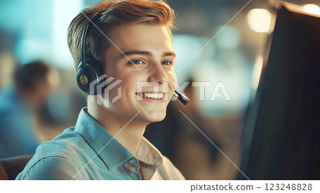 Smiling call center operator wearing a headset 123248828