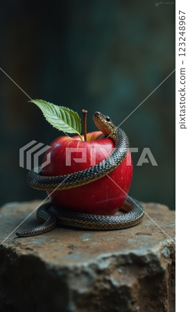 A snake wrapped around a red apple on a stone surface, representing danger and temptation with eerie lighting. A snake wrapped around a red apple on a stone surface, representing danger and temptation with eerie lighting. 123248967