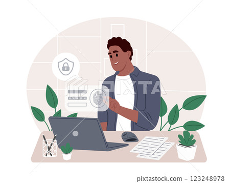 Security of access to personal data. Man uses a fingerprint login to enter his personal account. Cyber Security Awareness Month. Vector flat illustration 123248978