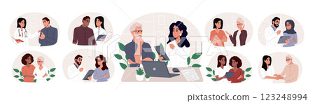Nursing home. Set of diverse doctors characters. Doctors and patients of different races and ages. Nurses and doctors care for the elderly in a nursing home. Illustrations in cartoon style. 123248994