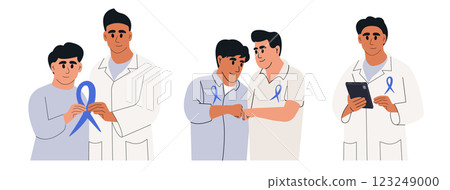 Prostate Cancer Awareness Ribbon. Man and doctor with male health symbol. Vector flat illustration 123249000