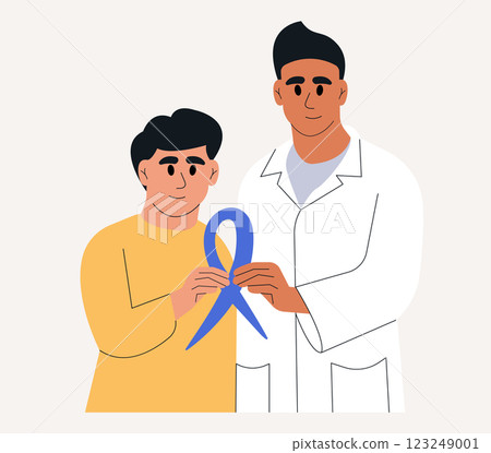 Prostate Cancer Awareness Ribbon. Man and doctor with male health symbol. Vector flat illustration 123249001