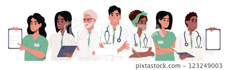 Set of diverse doctors characters. Team of doctors, group medical portrait. Male and female medical workers - doctors, physicians, paramedics, nurses isolated on white background. 123249003