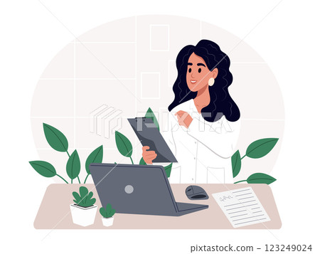 Therapist sits at the table with a laptop, studies the results of the examination and analyzes the patient data. Vector illustration in flat style 123249024
