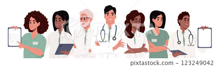 Set of diverse doctors characters. Team of doctors, group medical portrait. Male and female medical workers - doctors, physicians, paramedics, nurses isolated on white background. Set of diverse doctors characters. Team of doctors, group medical portrait. Male and female medical workers - doctors, physicians, paramedics, nurses isolated on white background. 123249042