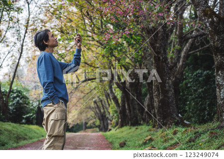 solo traveler in nature concept with asian man take photo bby phone and sightseeing with pink cherry blossom tree in springtime season solo traveler in nature concept with asian man take photo bby phone and sightseeing with pink cherry blossom tree in springtime season 123249074