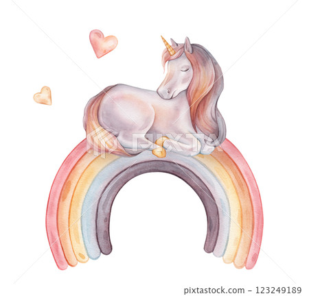Watercolor hand drawn illustration of the Unicorn sitting on rainbow with hearts. Cute rainbow color horse for Baby shower invitations or nursery wall art. Pastel Fantasy pony for kids greeting cards. Watercolor hand drawn illustration of the Unicorn sitting on rainbow with hearts. Cute rainbow color horse for Baby shower invitations or nursery wall art. Pastel Fantasy pony for kids greeting cards. 123249189