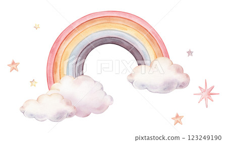 Hand drawn watercolor illustration of the stars and clouds for Baby shower invitations or nursery wall art. Drawing sky with Rainbow for conveying a dreamy, mystical atmosphere for kids greeting cards Hand drawn watercolor illustration of the stars and clouds for Baby shower invitations or nursery wall art. Drawing sky with Rainbow for conveying a dreamy, mystical atmosphere for kids greeting cards 123249190
