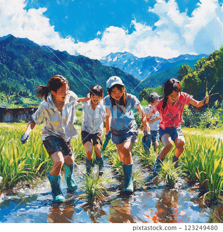 Sunshine and smiles shining! Summer memories playing in the rice fields 123249480
