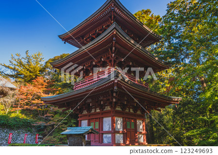 A view of the three-story pagoda at Yusanji Temple in Fukuroi City, Shizuoka Prefecture, surrounded by autumn leaves A view of the three-story pagoda at Yusanji Temple in Fukuroi City, Shizuoka Prefecture, surrounded by autumn leaves 123249693