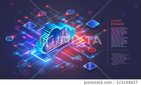 Cloud storage for IOT smart home. Internet of Things smart home system. The cloud storage is synchronized with smart home system. Isometric concept of Cloud computing. IOT icons of devices connection. 123249837
