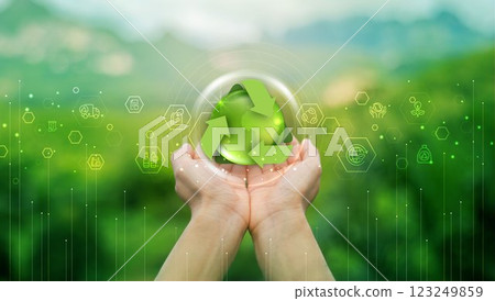 Global recycling day with icons, recycling in environmental sustainability, recycling symbol, bins, plastic bottles and reducing carbon emissions, protect the environment, reducing waste. earth day. 123249859