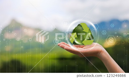 Global recycling day with icons, recycling in environmental sustainability, recycling symbol, bins, plastic bottles and reducing carbon emissions, protect the environment, reducing waste. 123249866