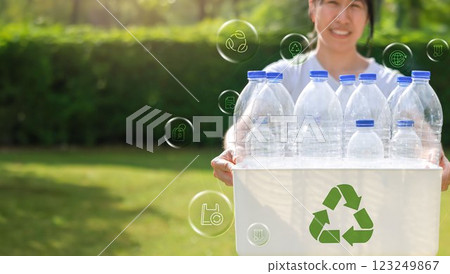 Global recycling day in environmental sustainability, recycling symbol, bins, plastic bottles and reducing carbon emissions, protect the environment, reducing waste, recycling materials. earth day. 123249867