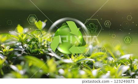 Global recycling day with icons, recycling in environmental sustainability, recycling symbol, bins, plastic bottles and reducing carbon emissions, protect the environment, reducing waste. 123249875