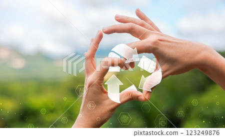 Global recycling day in environmental sustainability, recycling symbol, bins, plastic bottles and reducing carbon emissions, protect the environment, reducing waste, recycling materials. earth day. 123249876