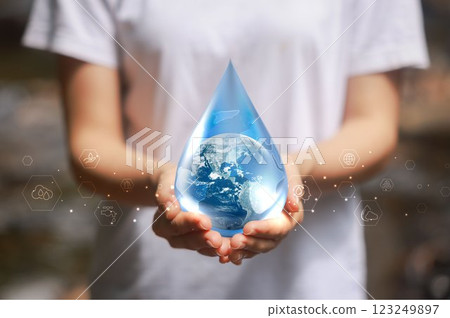 World Water Day. hands holding water drop. accelerating change and every drop matters. Saving water and world environmental protection concept. clean renewable energy. water for peace. 123249897