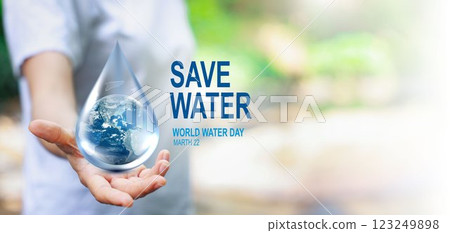 World Water Day. hands hold water drop. accelerating change. Saving water and world environmental protection concept. clean renewable energy. water for peace. Elements of this image furnished by NAZA. 123249898