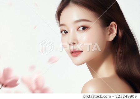 Beauty portrait of a young and cute Asian female model with beautiful skin. Cute impression with pink petals flying. 123249909
