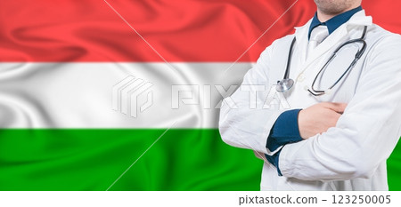 Hungary Health Care Concept. Male Doctor on Hungary Flag. Doctor With Crossed Arms on Hungary Flag 123250005