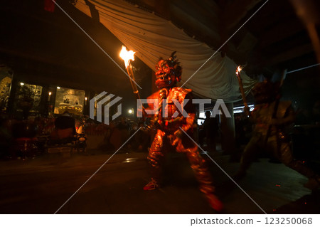 Demon-chasing ceremony at Masui-san Zuiganji Temple: Red and blue demons dancing with torches in the dark 123250068