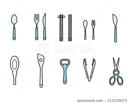 插圖素材：簡單的廚房用具和餐具線條畫插圖集（單色、點） 123250073