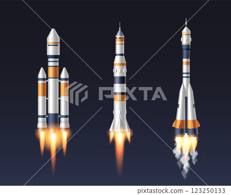 Modern space rockets set isolated on black 123250133