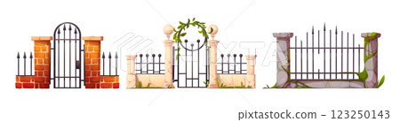 Cartoon iron gates with stone and brick fence set. 123250143