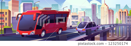 Cartoon red bus and purple car on highway bridge. 123250174