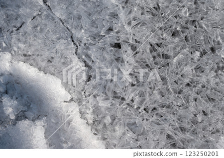 Frozen stream and ice closeup photo. Beautiful winter abstract background in nature. Concept for water and winter time. 123250201