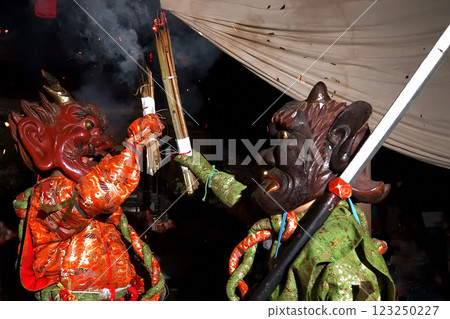 Demon-chasing ceremony at Zuiganji Temple: Red and blue demons slamming torches into the darkness Demon-chasing ceremony at Zuiganji Temple: Red and blue demons slamming torches into the darkness 123250227