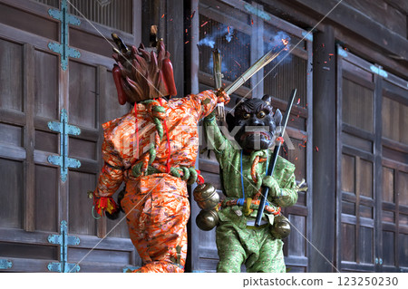 Demon-chasing ceremony at Zuiganji Temple: Red and blue demons slamming torches Demon-chasing ceremony at Zuiganji Temple: Red and blue demons slamming torches 123250230