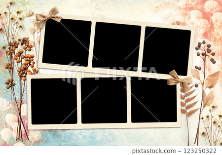 Nostalgic scrapbooking banner with moodboard pictures album grid for scrapbooking. Retro background with paper texture, dry pressed leaves, flowers and frame photos. Vintage style mood board layout 123250322