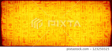 Horizontal travel banner with egyptian hieroglyphs. Grunge background with old paper texture and ancient egyptian hieroglyph. Topic of vacation, travel, trip abroad on vacation, cruises, tours 123250325