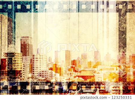 Grunge background with old paper texture, retro filmstrip frame and skyscrapers. Horizontal retro banner with film reel and urban scene. Vintage retro backdrop with paper texture and metropolis Grunge background with old paper texture, retro filmstrip frame and skyscrapers. Horizontal retro banner with film reel and urban scene. Vintage retro backdrop with paper texture and metropolis 123250331