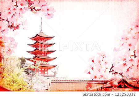 Spring background with paper texture, sakura flower and ancient pagoda. Horizontal banner with paper texture of pink color and branch of sakura with flowers. Sakura blossoming season in Japan Spring background with paper texture, sakura flower and ancient pagoda. Horizontal banner with paper texture of pink color and branch of sakura with flowers. Sakura blossoming season in Japan 123250332