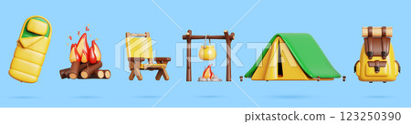 3d camping tourist equipment for outdoor adventure. Cartoon render set of hiking and travel gear. Isolated camp tent, sleeping bag, backpack, chair, bonfire, cooking in pot on fire. 3D illustration 3d camping tourist equipment for outdoor adventure. Cartoon render set of hiking and travel gear. Isolated camp tent, sleeping bag, backpack, chair, bonfire, cooking in pot on fire. 3D illustration 123250390